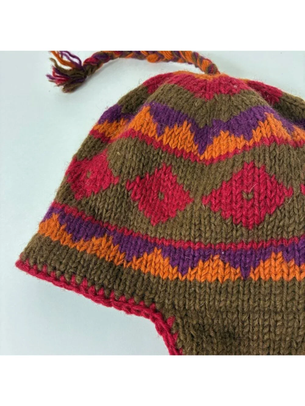 Nepalese 100% Wool Chullo Hat Fleece Lined Ear Flap Boho Hippie Multicolor